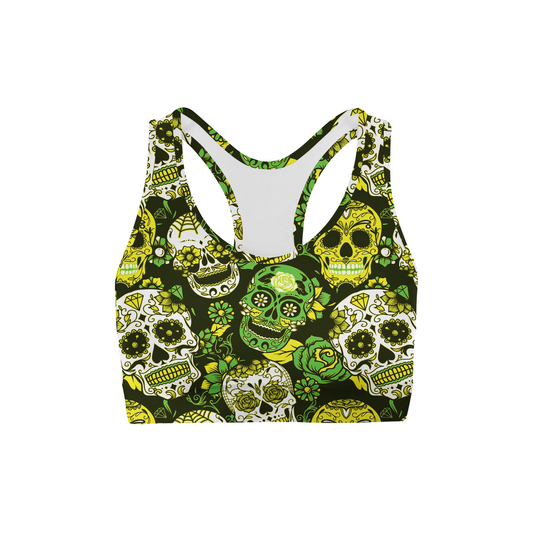 Green Sugar Skulls Back Color Sports Bra